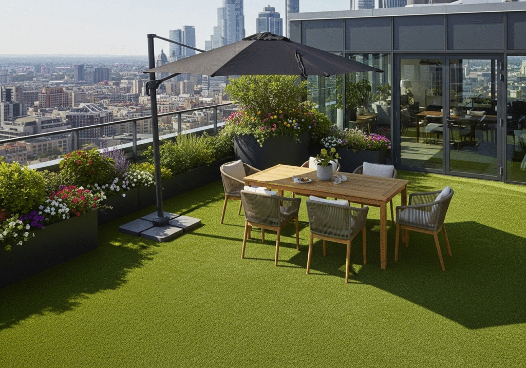 Auf dem Bild ist eine Dachterrasse mit Kunstrasen abgebildet