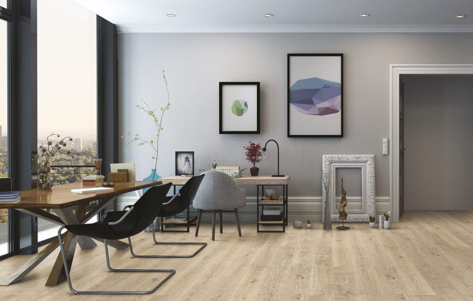 Esszimmer mit werkhaus Korkboden aus der Kollektion GeoKork. Der Korkist in einer Holzoptik