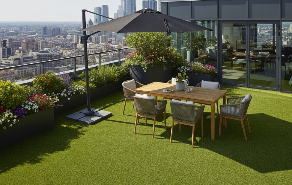 Auf dem Bild ist eine Dachterrasse mit Kunstrasen abgebildet