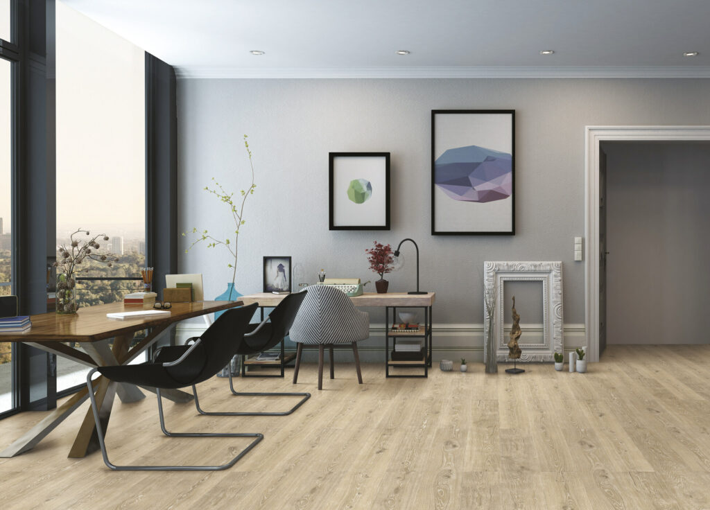 Esszimmer mit werkhaus Korkboden aus der Kollektion GeoKork. Der Korkist in einer Holzoptik